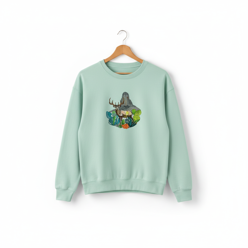 Alpine Desert Fusion Deer Machine Embroidered Sweatshirt – Hand Finished in Dubai | EmbroMania