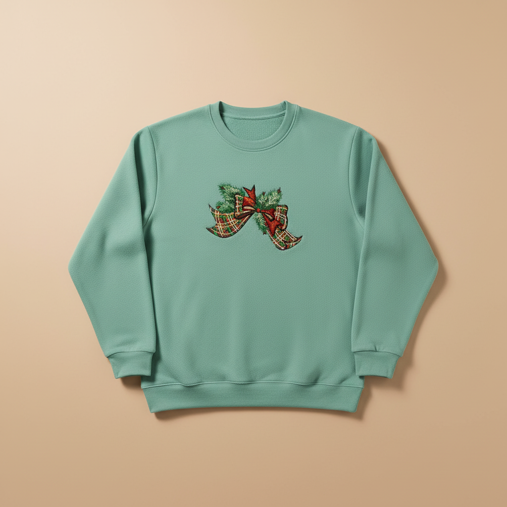 Tartan Ribbon &amp; Evergreen Bow Machine Embroidered Sweatshirt – Hand Finished in Dubai | EmbroMania