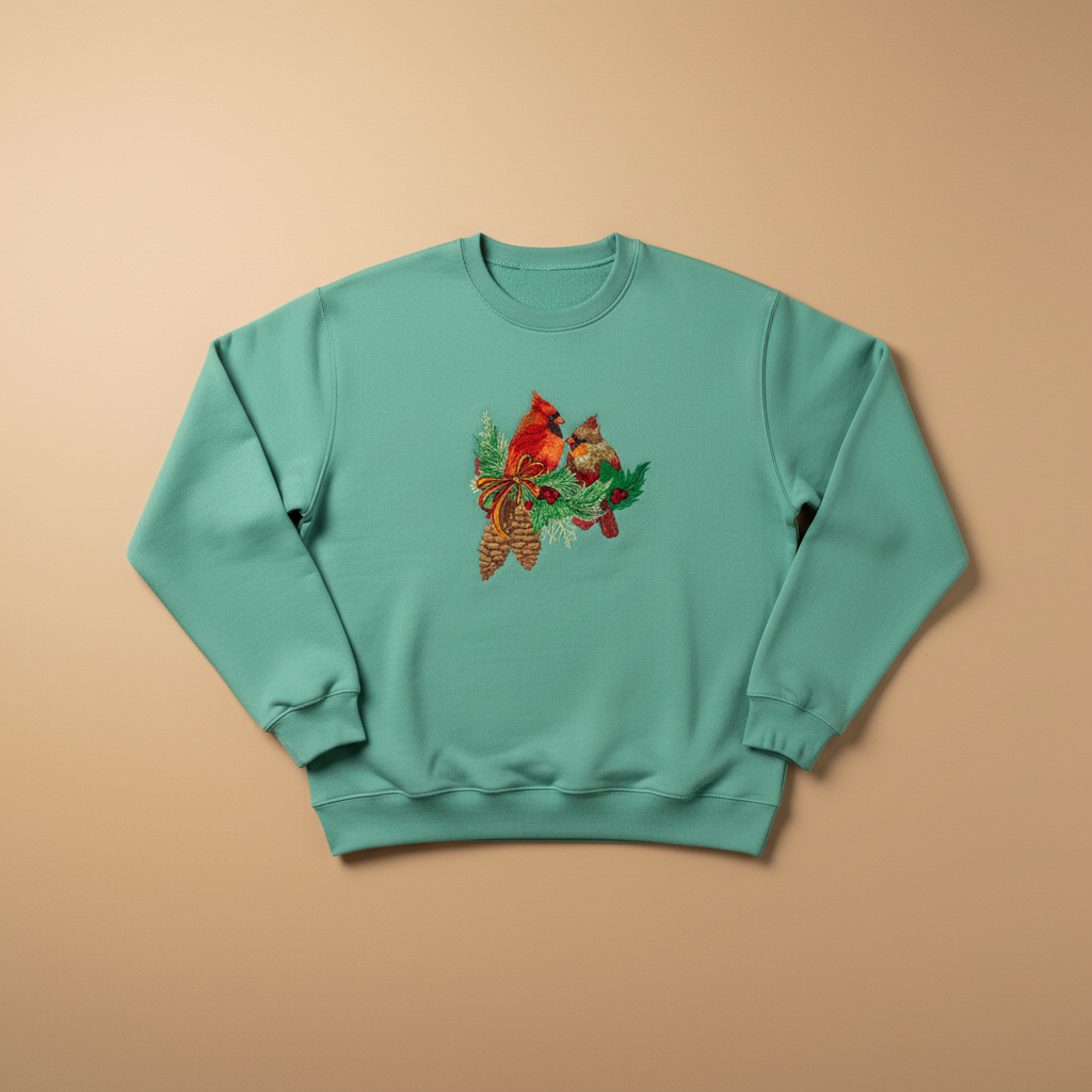 Cardinal Pair with Pinecones Machine Embroidered Sweatshirt – Hand Finished in Dubai | EmbroMania