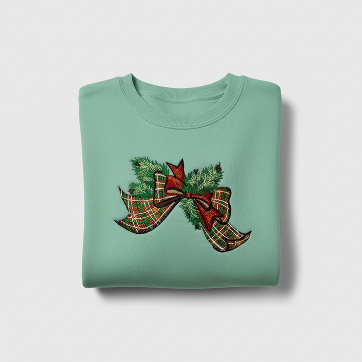 Tartan Ribbon &amp; Evergreen Bow Machine Embroidered Sweatshirt – Hand Finished in Dubai | EmbroMania