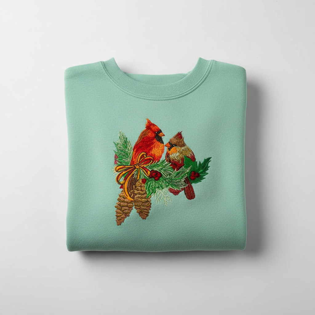 Cardinal Pair with Pinecones Machine Embroidered Sweatshirt – Hand Finished in Dubai | EmbroMania