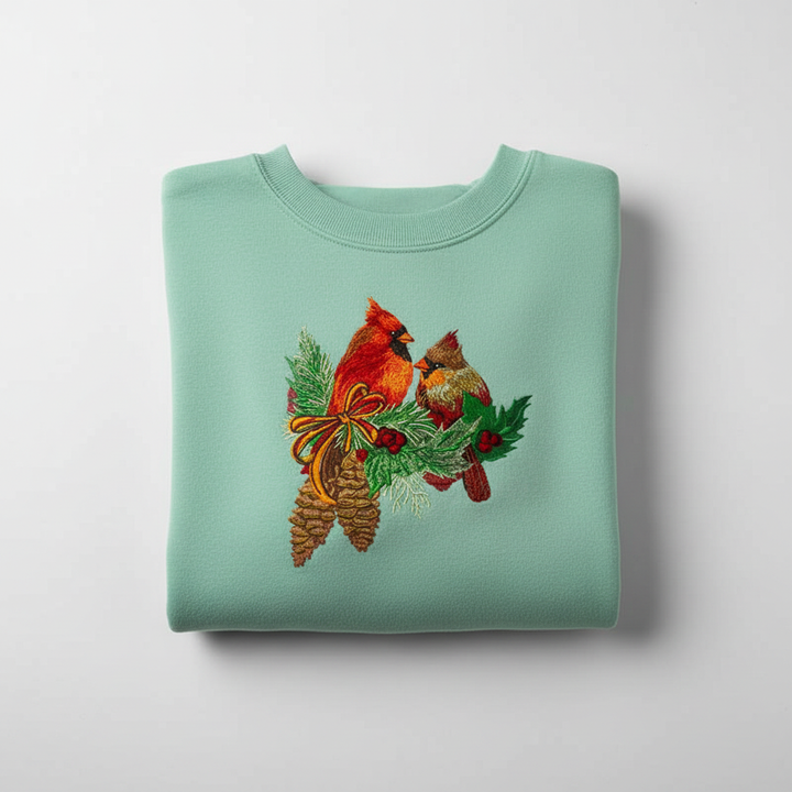 Cardinal Pair with Pinecones Machine Embroidered Sweatshirt – Hand Finished in Dubai | EmbroMania