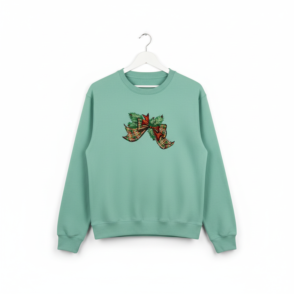 Tartan Ribbon &amp; Evergreen Bow Machine Embroidered Sweatshirt – Hand Finished in Dubai | EmbroMania