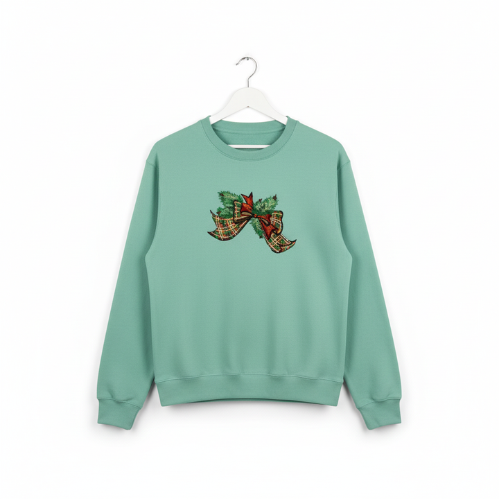 Tartan Ribbon &amp; Evergreen Bow Machine Embroidered Sweatshirt – Hand Finished in Dubai | EmbroMania