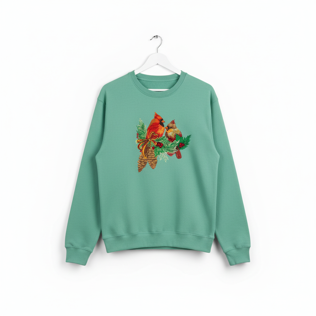 Cardinal Pair with Pinecones Machine Embroidered Sweatshirt – Hand Finished in Dubai | EmbroMania