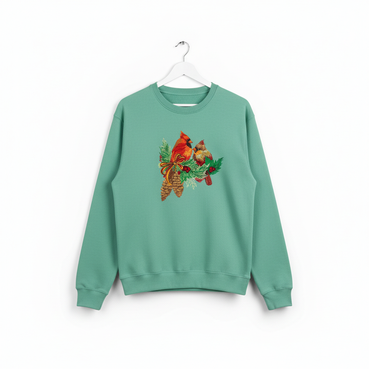 Cardinal Pair with Pinecones Machine Embroidered Sweatshirt – Hand Finished in Dubai | EmbroMania