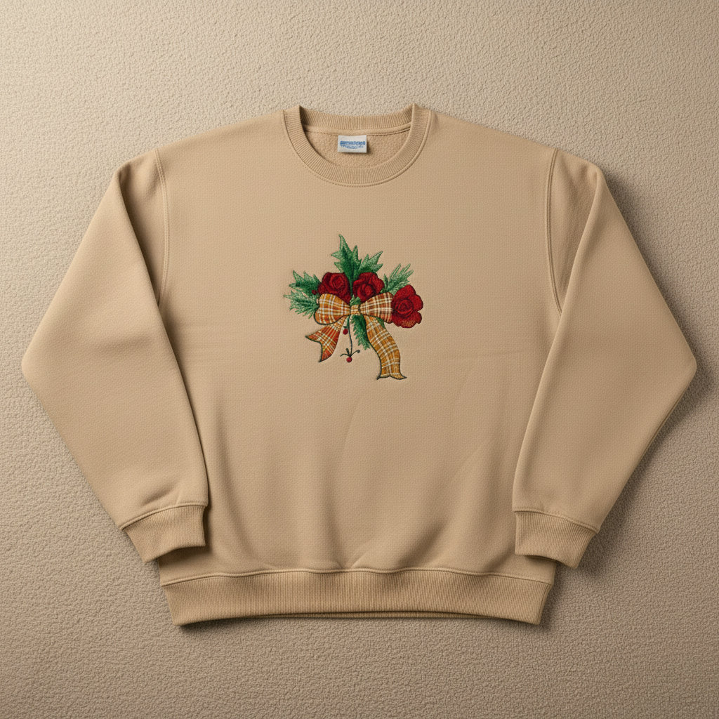 Plaid Ribbon &amp; Pine Sprigs Machine Embroidered Sweatshirt – Hand Finished in Dubai | EmbroMania