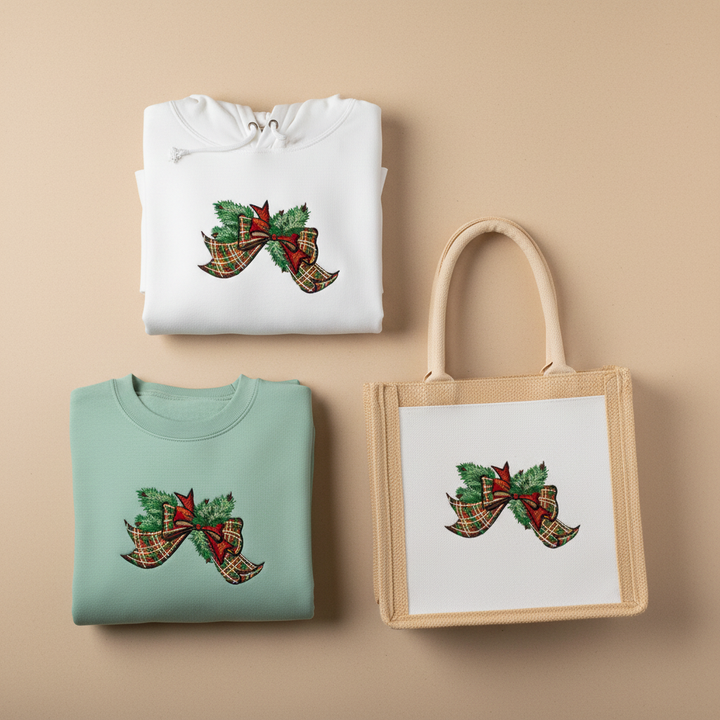 Tartan Ribbon &amp; Evergreen Bow Machine Embroidered Sweatshirt – Hand Finished in Dubai | EmbroMania