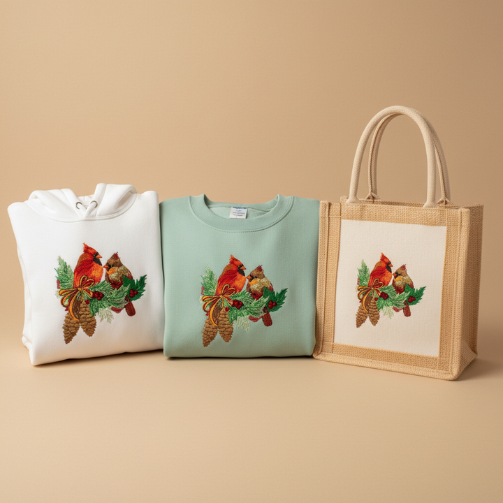 Cardinal Pair with Pinecones Machine Embroidered Sweatshirt – Hand Finished in Dubai | EmbroMania