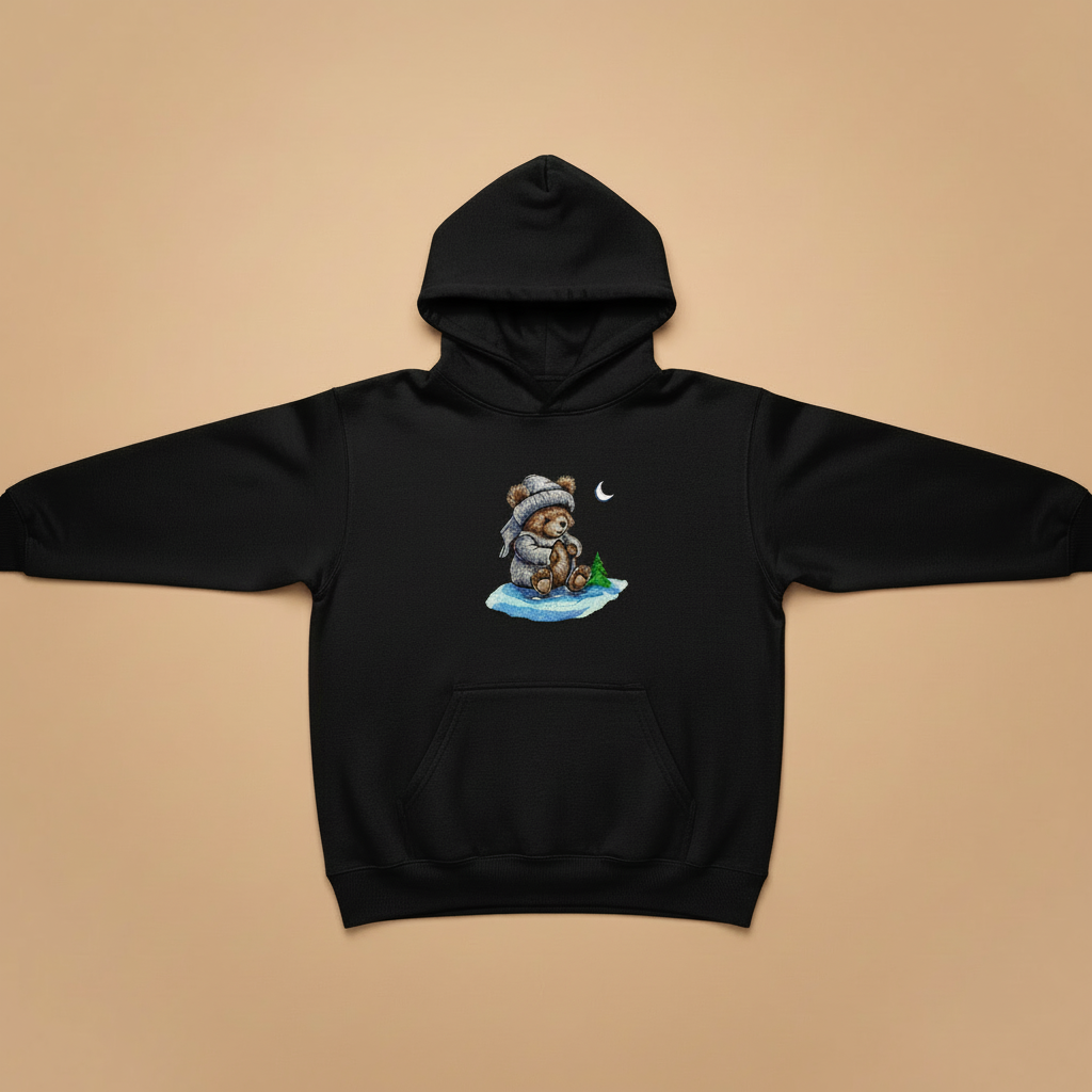 Moonlit Bear Machine Embroidered Hoodie – Hand Finished in Dubai | EmbroMania