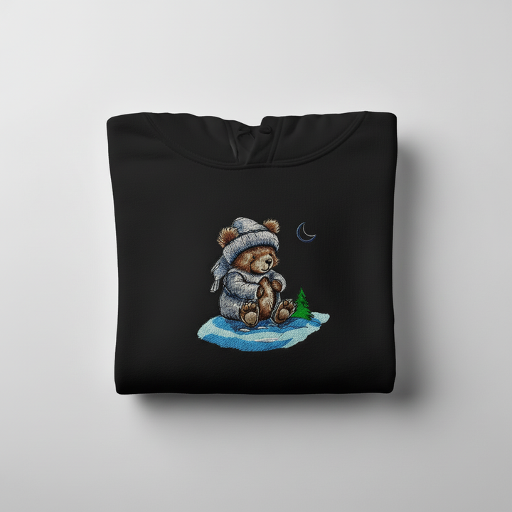 Moonlit Bear Machine Embroidered Hoodie – Hand Finished in Dubai | EmbroMania
