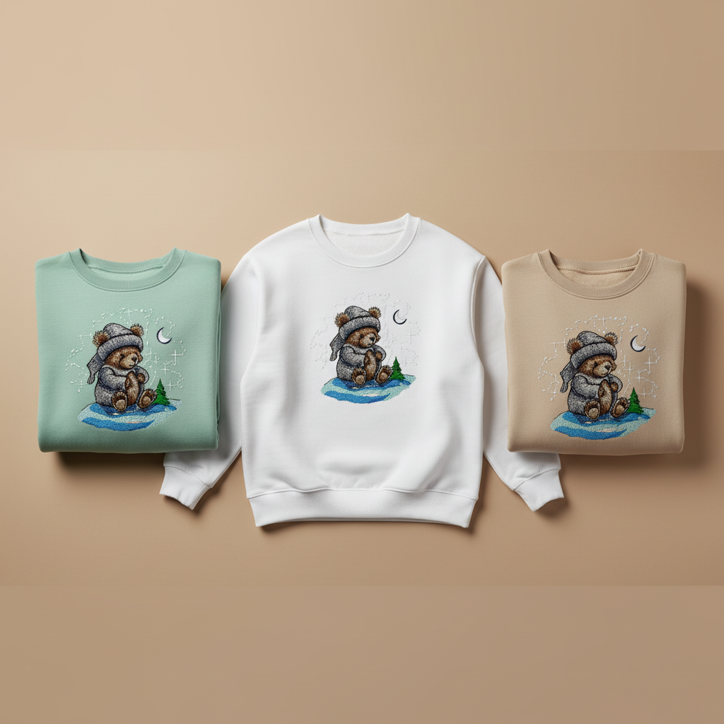 Moonlit Bear Machine Embroidered Sweatshirt – Hand Finished in Dubai | EmbroMania