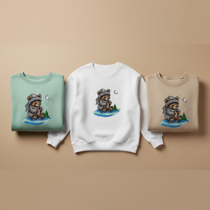 Moonlit Bear Machine Embroidered Sweatshirt – Hand Finished in Dubai | EmbroMania