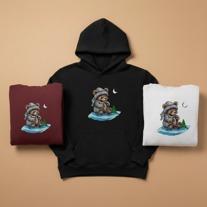 Moonlit Bear Machine Embroidered Hoodie – Hand Finished in Dubai | EmbroMania