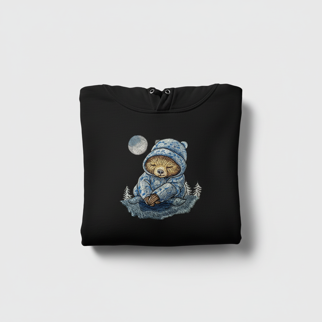 Moonlit Sloth Machine Embroidered Hoodie – Hand Finished in Dubai | EmbroMania