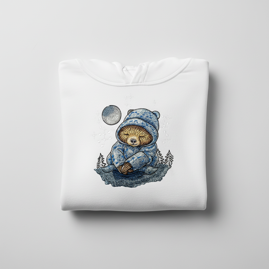 Moonlit Sloth Machine Embroidered Hoodie – Hand Finished in Dubai | EmbroMania