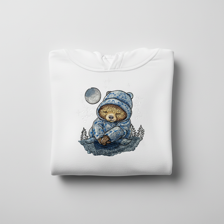 Moonlit Sloth Machine Embroidered Hoodie – Hand Finished in Dubai | EmbroMania