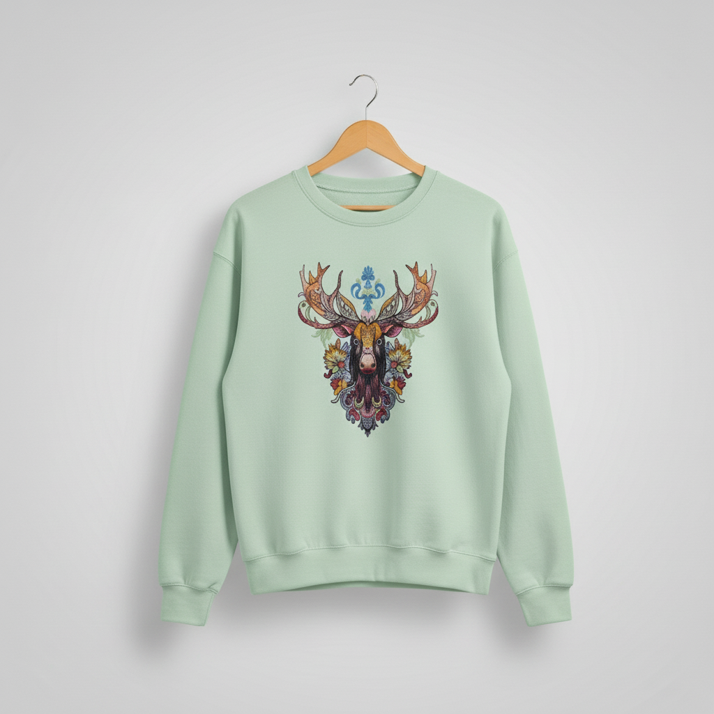 Radiant Tribal Moose Machine Embroidered Sweatshirt – Hand Finished in Dubai | EmbroMania