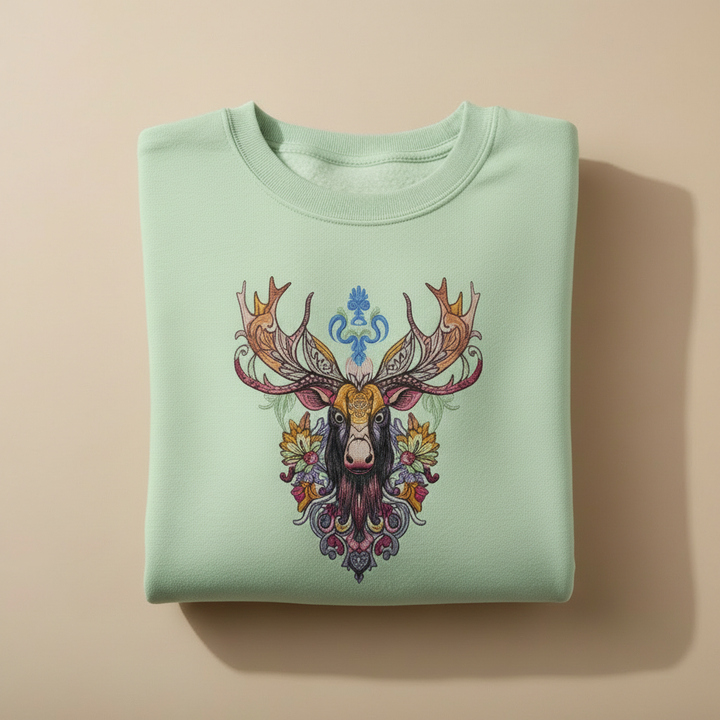 Radiant Tribal Moose Machine Embroidered Sweatshirt – Hand Finished in Dubai | EmbroMania