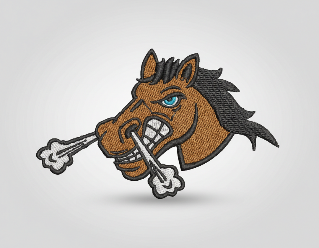 Embroidered patch of a Mustang head on a grid background