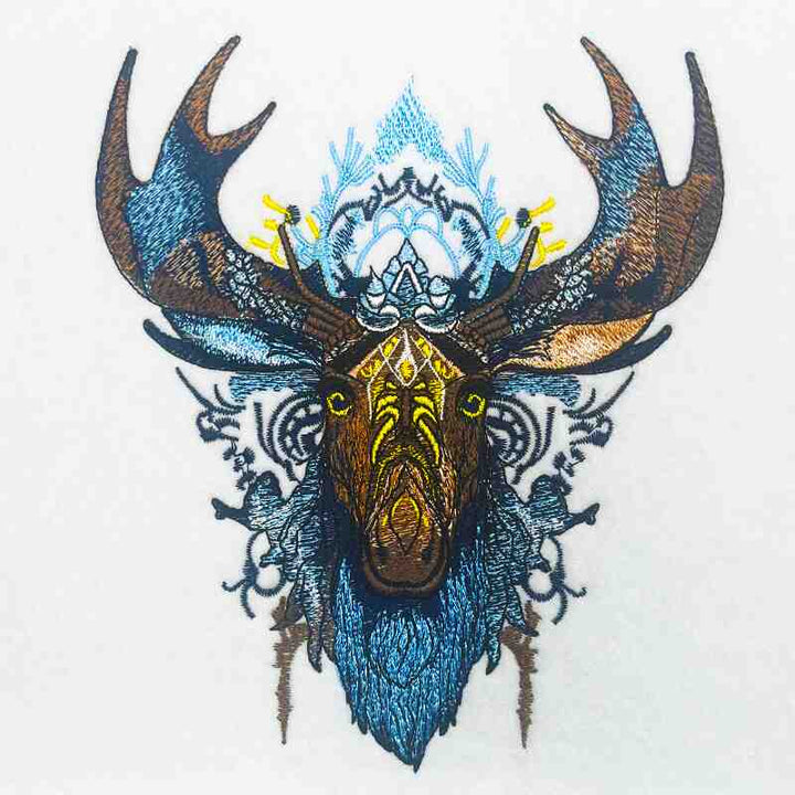 stitched tribal moose embroidery on a jute tote bag