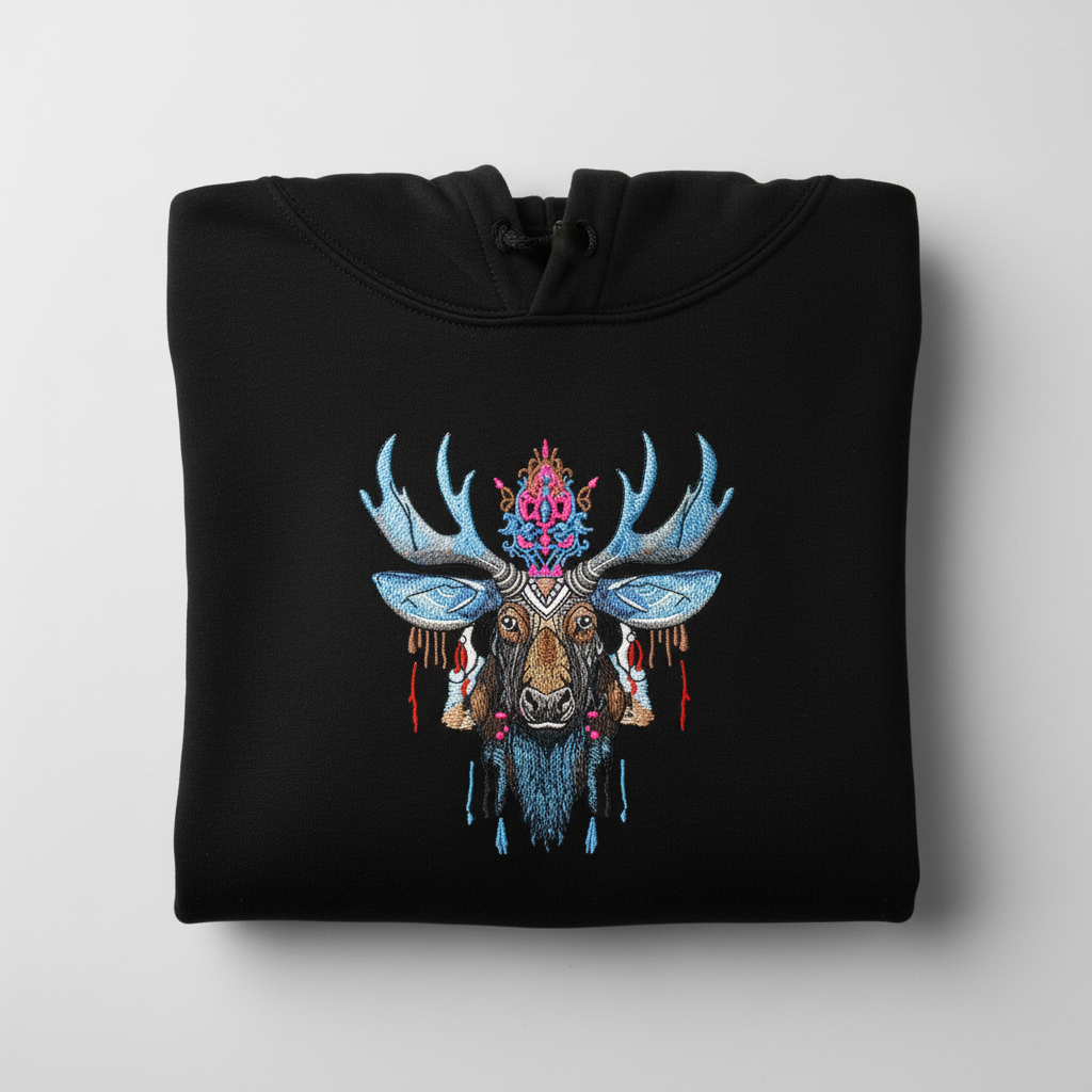 Mystic Moose Machine Embroidered Hoodie – Hand Finished in Dubai | EmbroMania