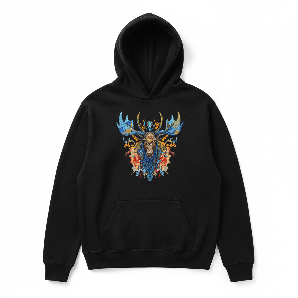 Mystic Moose Machine Embroidered Hoodie – Hand Finished in Dubai | EmbroMania