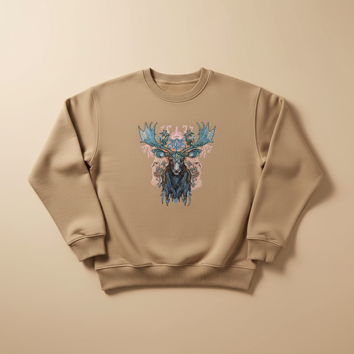Ornate Blue Moose Machine Embroidered Sweatshirt – Hand Finished in Dubai | EmbroMania
