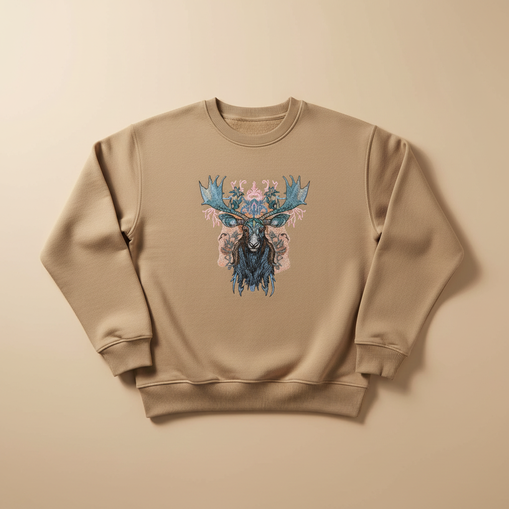 Ornate Blue Stag Machine Embroidered Sweatshirt – Hand Finished in Dubai | EmbroMania