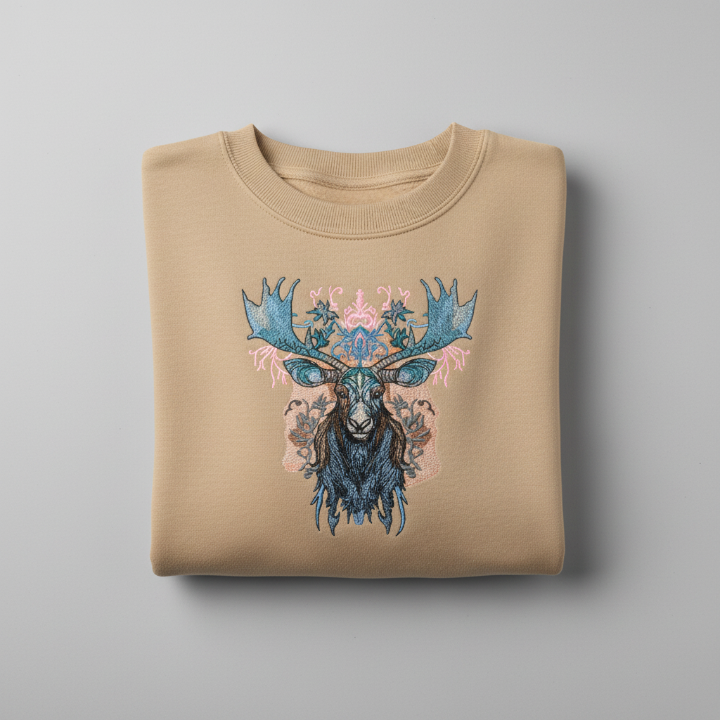 Ornate Blue Moose Machine Embroidered Sweatshirt – Hand Finished in Dubai | EmbroMania