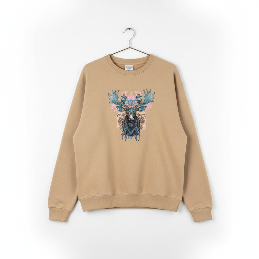 Ornate Blue Moose Machine Embroidered Sweatshirt – Hand Finished in Dubai | EmbroMania