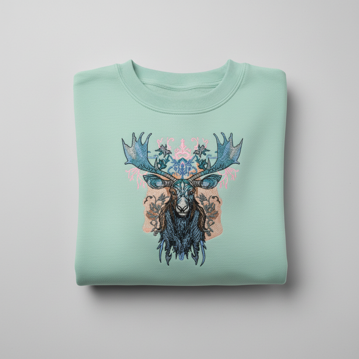 Ornate Blue Moose Machine Embroidered Sweatshirt – Hand Finished in Dubai | EmbroMania