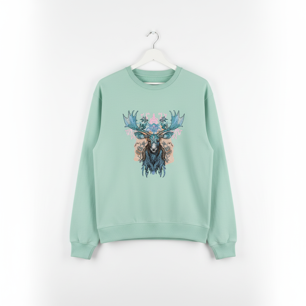 Ornate Blue Moose Machine Embroidered Sweatshirt – Hand Finished in Dubai | EmbroMania