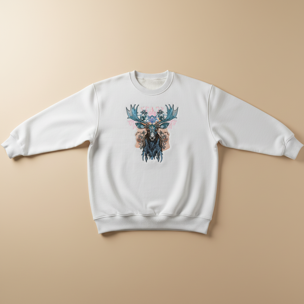 Ornate Blue Moose Machine Embroidered Sweatshirt – Hand Finished in Dubai | EmbroMania