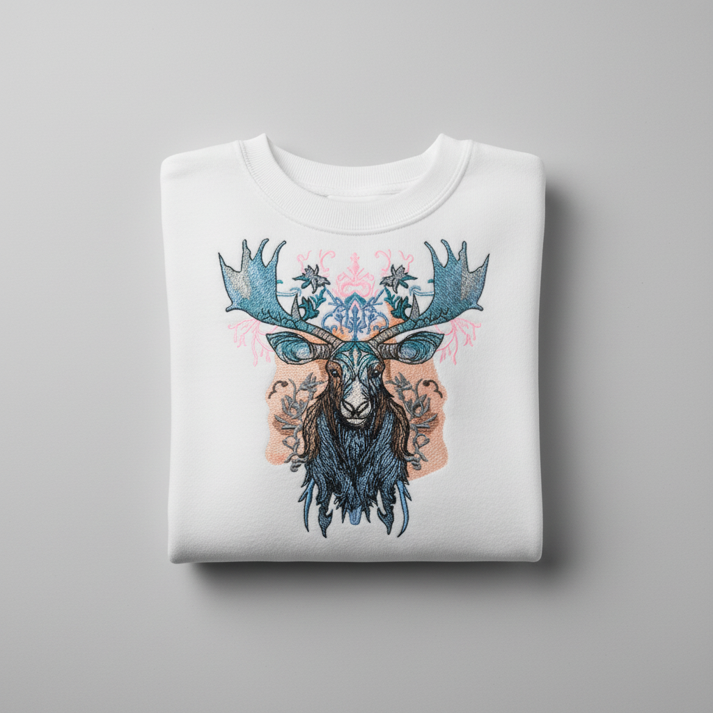 Ornate Blue Moose Machine Embroidered Sweatshirt – Hand Finished in Dubai | EmbroMania