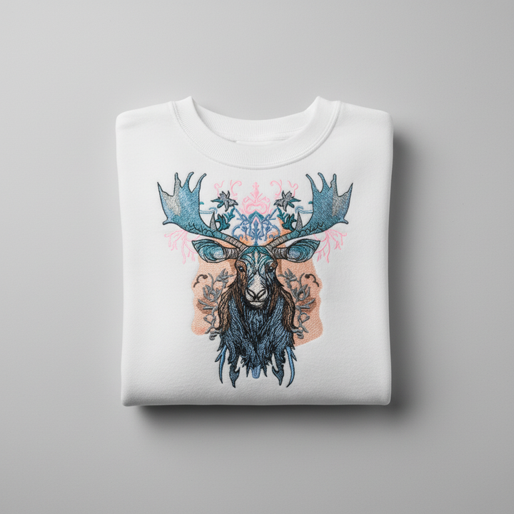 Ornate Blue Moose Machine Embroidered Sweatshirt – Hand Finished in Dubai | EmbroMania