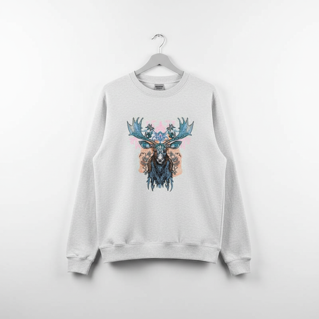 Ornate Blue Moose Machine Embroidered Sweatshirt – Hand Finished in Dubai | EmbroMania