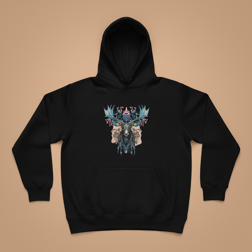 Nocturne Moose Machine Embroidered Hoodie – Hand Finished in Dubai | EmbroMania