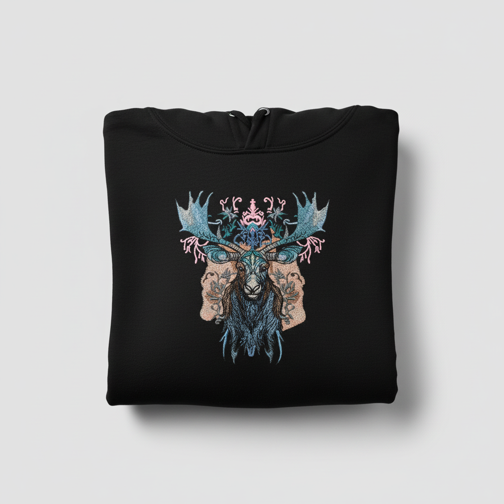 Nocturne Moose Machine Embroidered Hoodie – Hand Finished in Dubai | EmbroMania