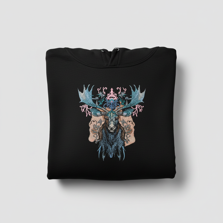 Nocturne Moose Machine Embroidered Hoodie – Hand Finished in Dubai | EmbroMania