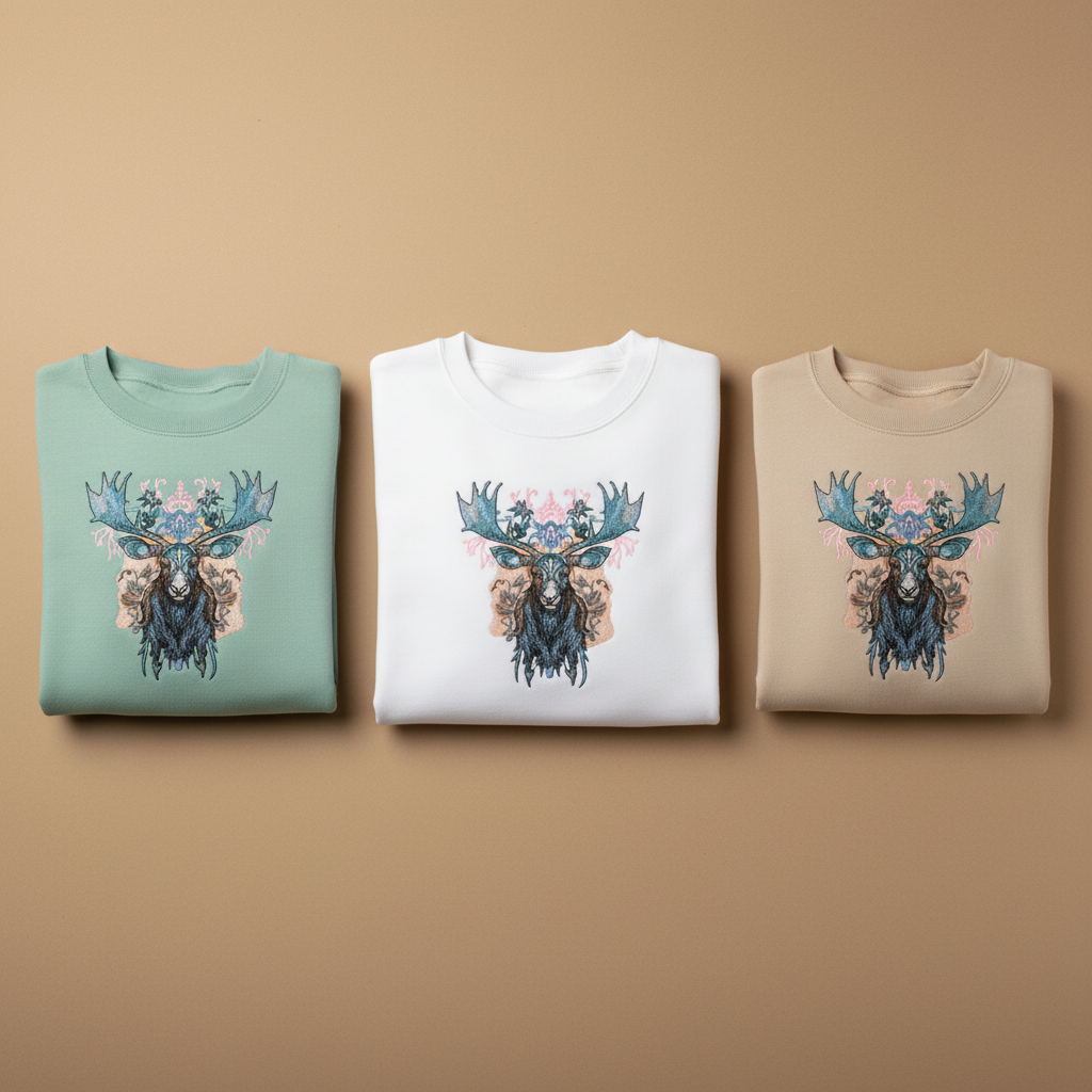 Ornate Blue Moose Machine Embroidered Sweatshirt – Hand Finished in Dubai | EmbroMania