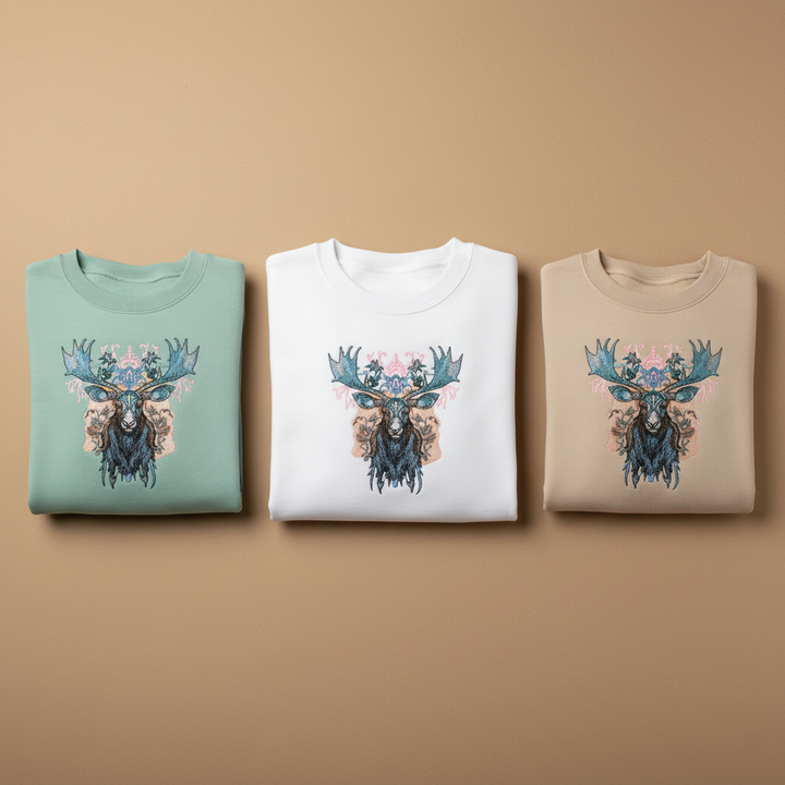 Ornate Blue Moose Machine Embroidered Sweatshirt – Hand Finished in Dubai | EmbroMania