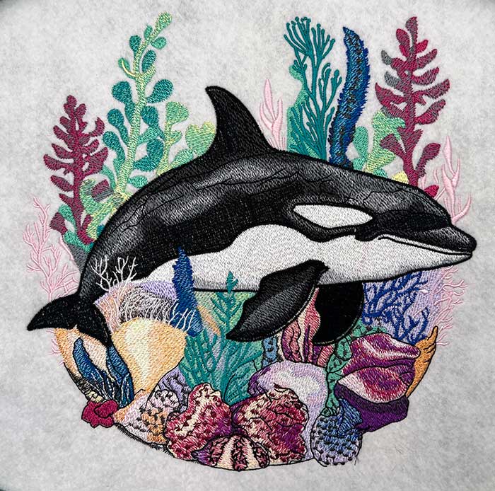 Orca in Coral Garden Machine Embroidered Jute Tote – Hand Finished in Dubai | EmbroMania