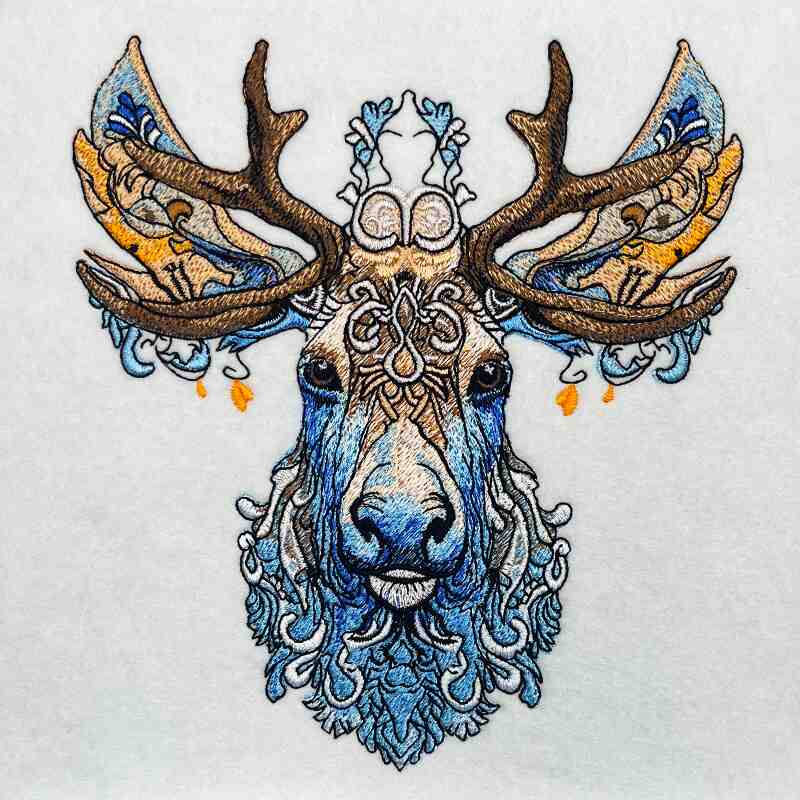 Decorative illustration of a deer head with intricate patterns on a white background