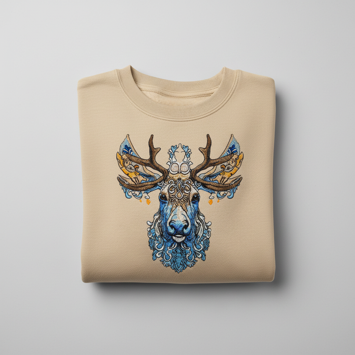 Ornate Blue Stag Machine Embroidered Sweatshirt – Hand Finished in Dubai | EmbroMania