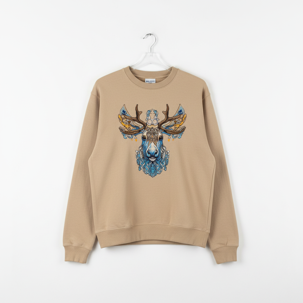 Ornate Blue Stag Machine Embroidered Sweatshirt – Hand Finished in Dubai | EmbroMania