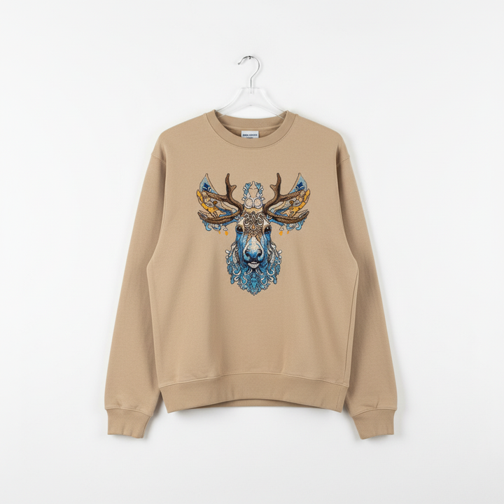 Ornate Blue Stag Machine Embroidered Sweatshirt – Hand Finished in Dubai | EmbroMania