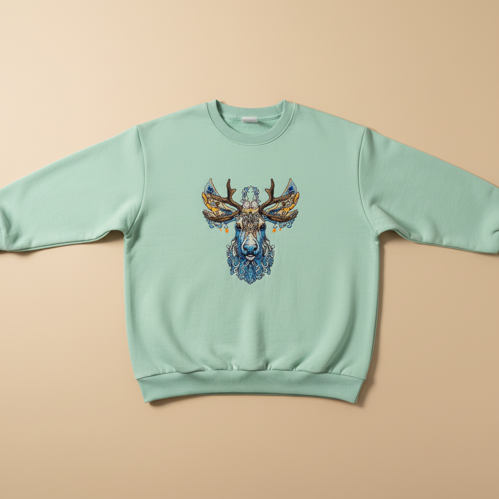 Ornate Blue Stag Machine Embroidered Sweatshirt – Hand Finished in Dubai | EmbroMania