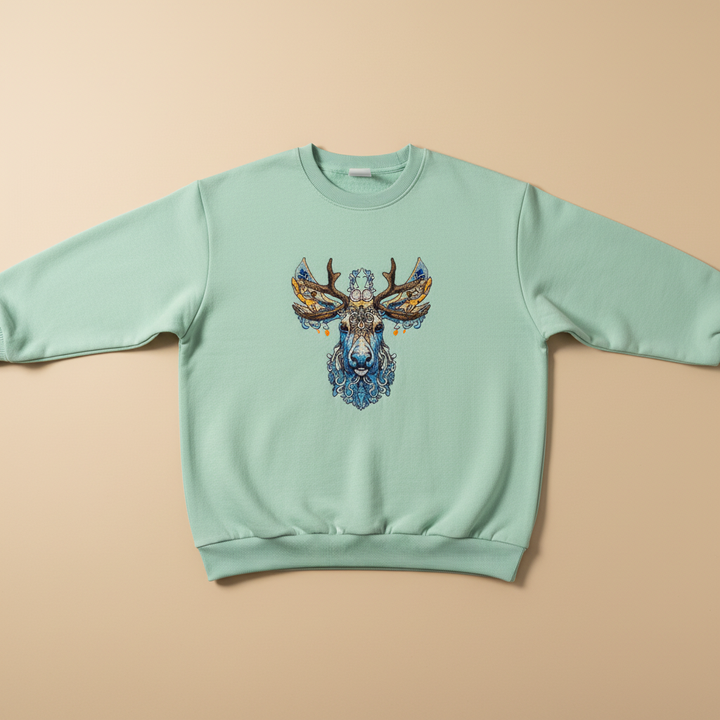 Ornate Blue Stag Machine Embroidered Sweatshirt – Hand Finished in Dubai | EmbroMania