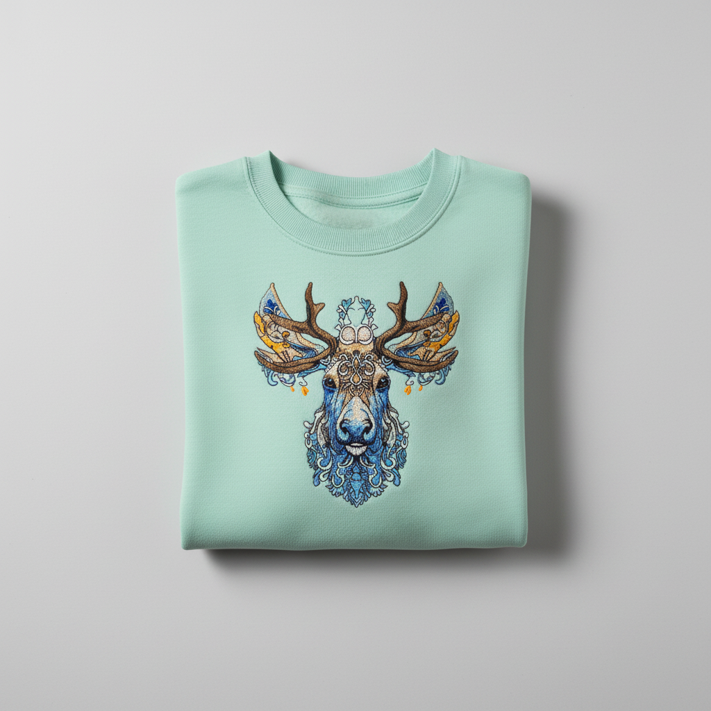 Ornate Blue Stag Machine Embroidered Sweatshirt – Hand Finished in Dubai | EmbroMania